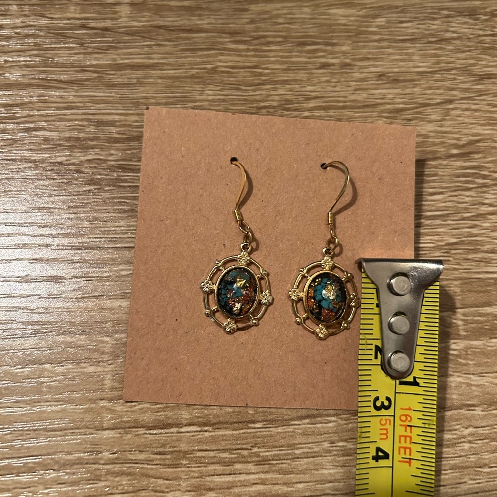✨ VTG, Rainbowflake Earrings Pierced Dangles Turquoise Gold Flakes - Picture 8 of 15